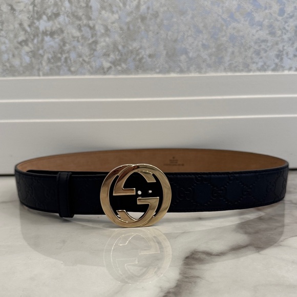 Gucci navy blue Belt with Gold GG Buckle - Picture 1 of 4